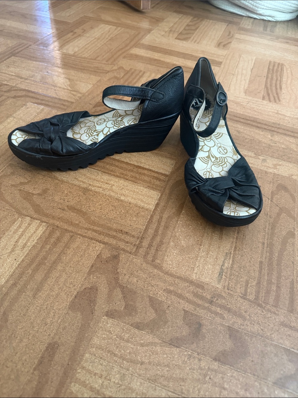 Fly London Black Peep-Toe Ankle-Strap Heels with Knotted Front - Picture 2 of 7
